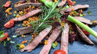Flank steak in Coffee Rub with beetroot Cous Cous and mint yoghurt