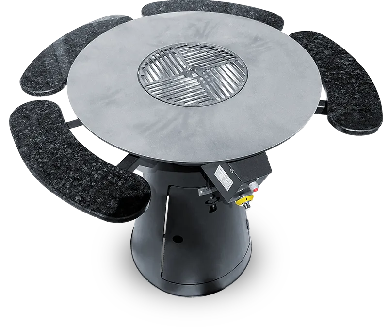 Ansicht von oben: Runder Remundi Phoenix Gasgrill M in Schwarz mit vier Granitablagen