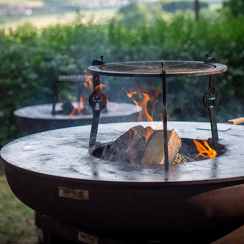 topper-live-04-carus Ansicht des Remundi Carus mit Brennholz und Feuer und Topper-Grillaufsatz