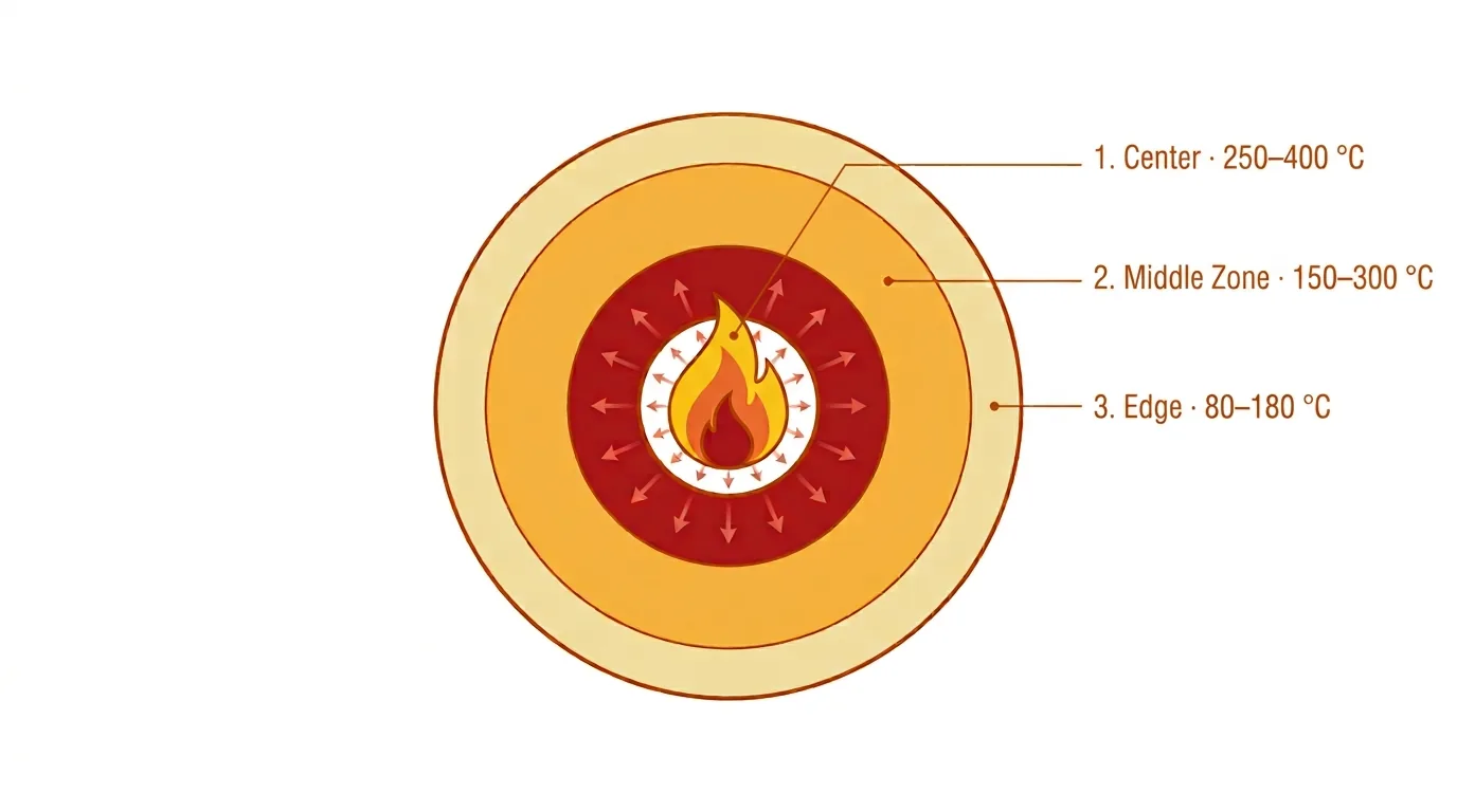 Schematische Illustration einer Feuerplatte mit den drei Temperaturzonen Zentrum, Mittelzone und Rand